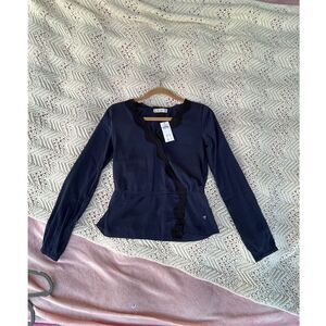 NWT Abercrombie XS Peplum Satin Lace Trim Blouse Long Sleeve Office Siren Glam